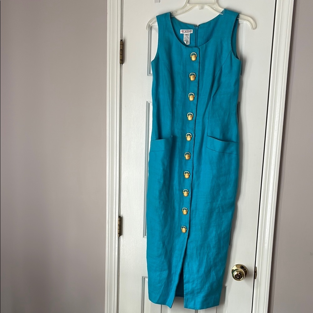 Talbots Teal Linen Button-Front Midi Dress